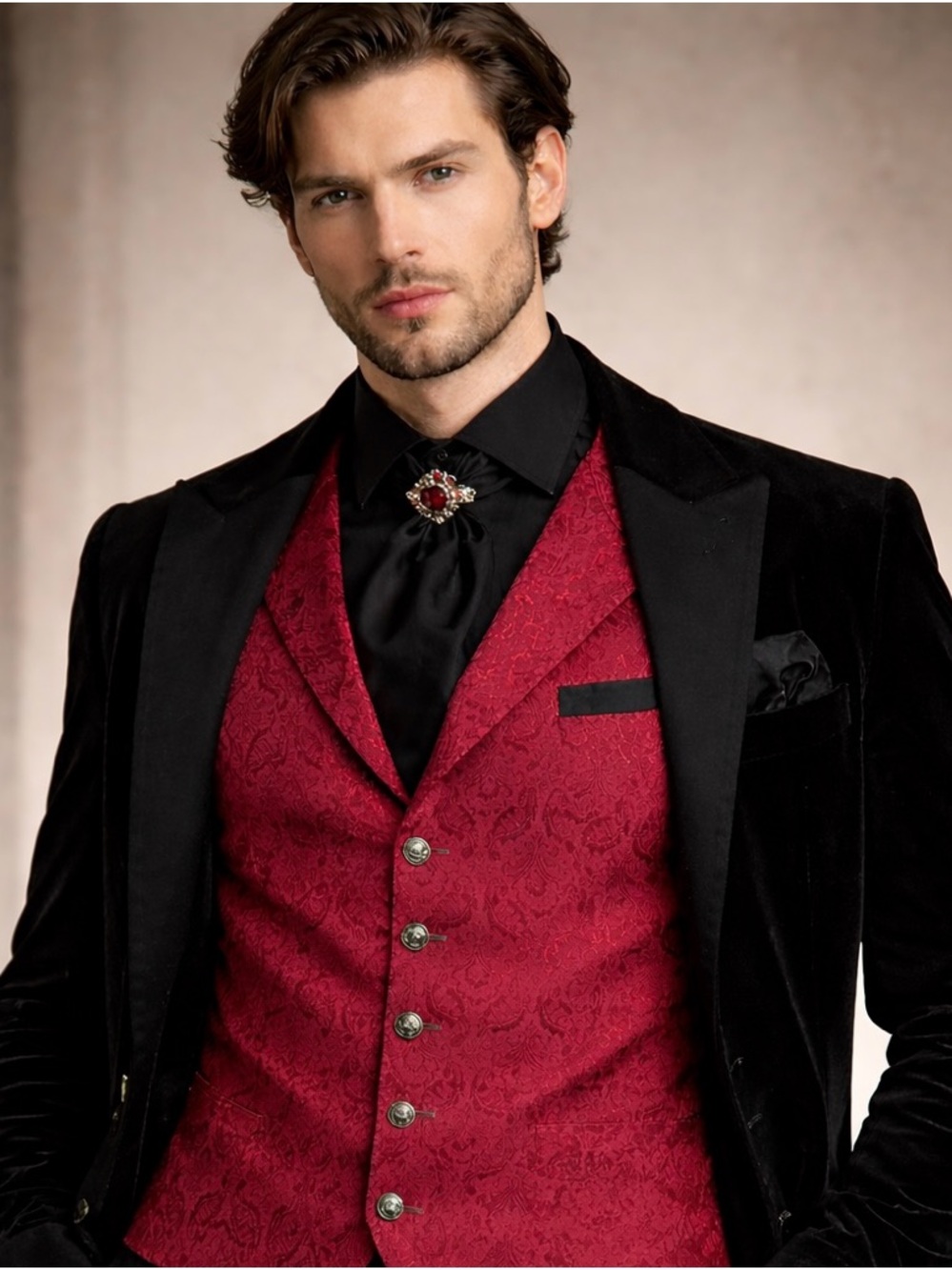 Red Formal Vest | Damask Brocade | Size XXL
